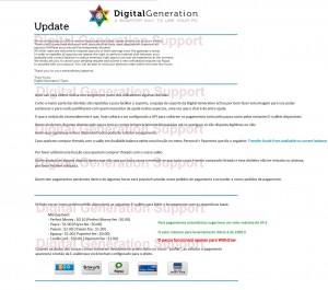 coingeneration.com Digital Generation DG news update screen shot translation on regards to payout situation this week end