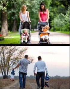 the different between how woman and men handle their child when going for a walk