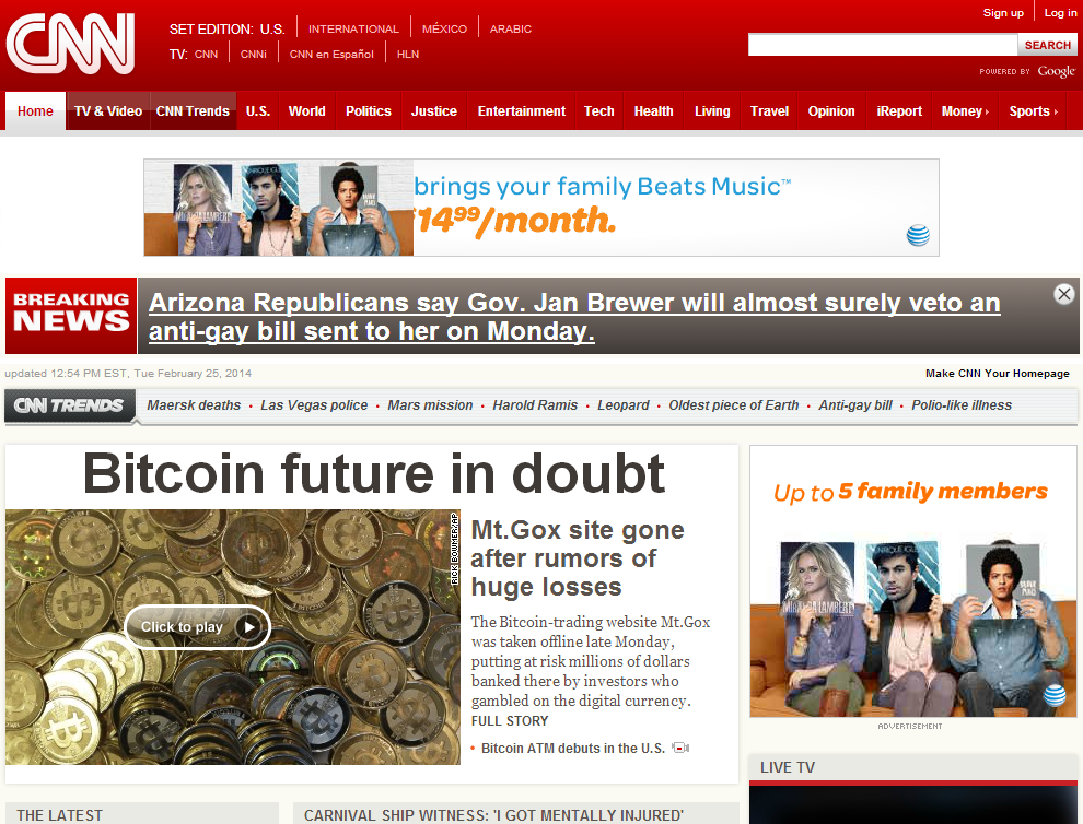 when was the last time or ever we seen Bitcoin mentioned on cnn news front page headline news?